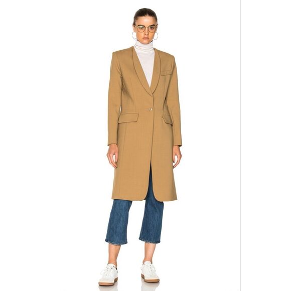 SMYTHE Sz 4 Skinny Lapel Long Wool Coat One Button in Camel Tan - Picture 2 of 12